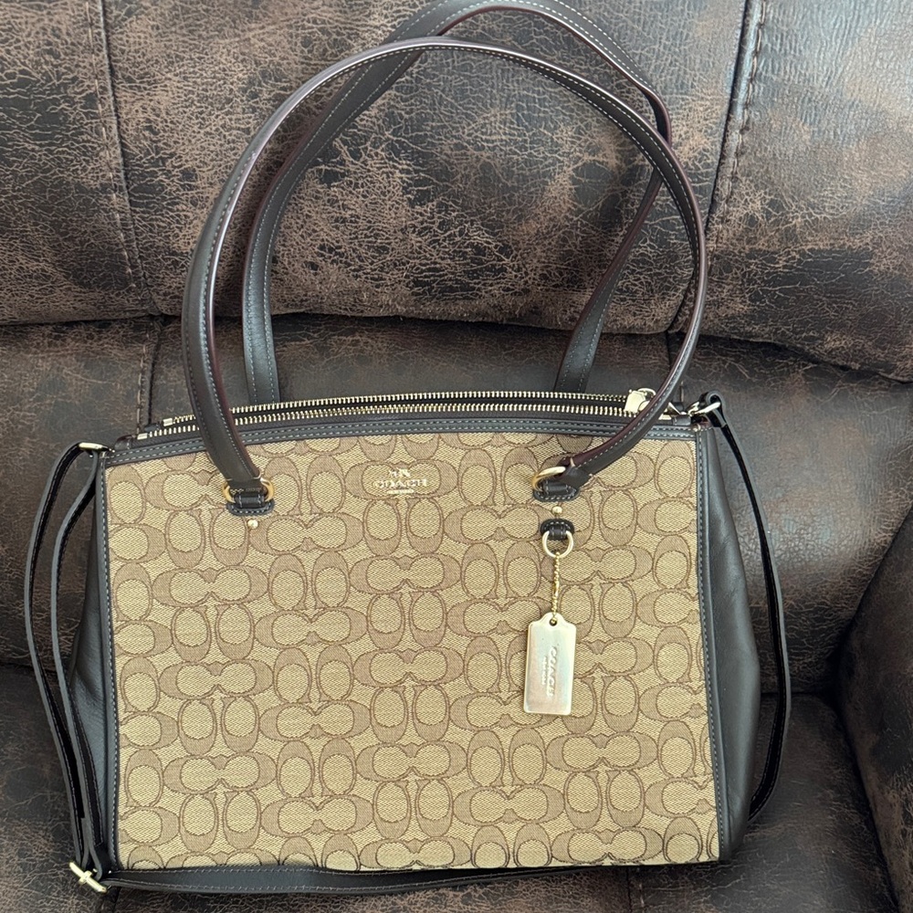 Coach Signature Canvas Shoulder Bag - Tan and Black